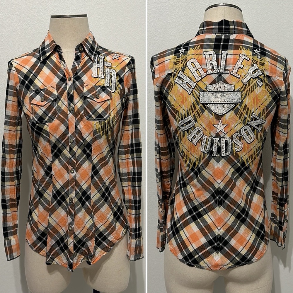 Harley-Davidson Women’s Orange and Black Plaid Shirt with Rhinestone Wing - XS - Picture 1 of 10